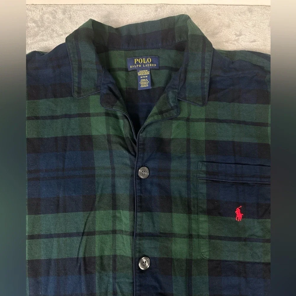 Polo Ralph Lauren‎ Flannel Long Sleeve Pajama Top Blackwatch Plaid Mens M Button